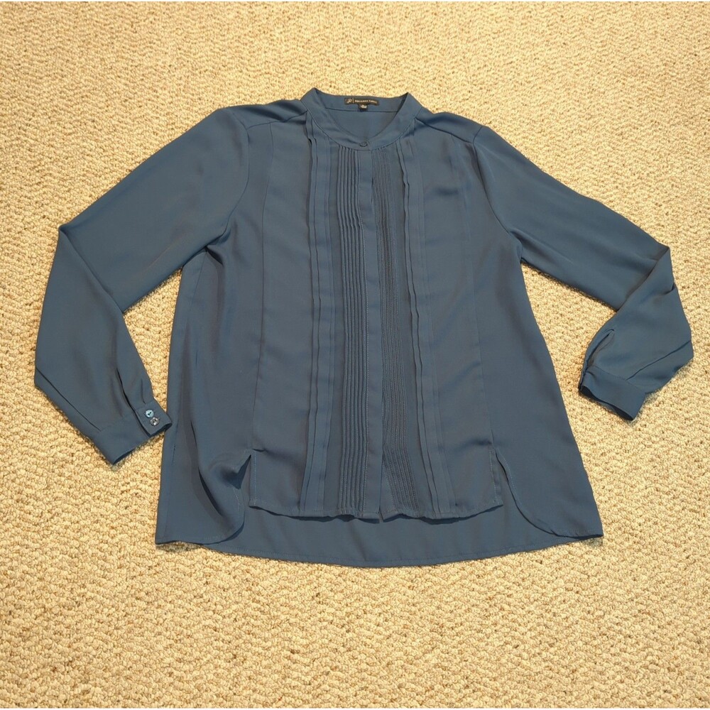 Adrianna Papell Pintuck Pleat Blouse Womens M Blue Button Up Semi Sheer